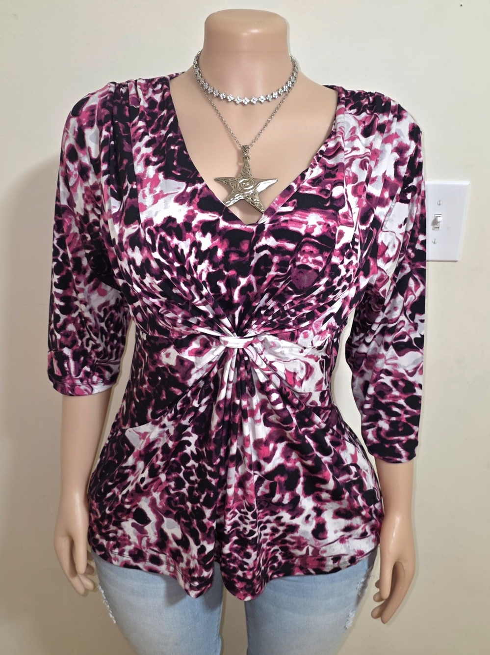 Daisy Fuentes Pink Black White Twist-Front Animal Print Top